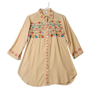 Luv Luv Orange Sherbet Floral Embroidered Button Up Boho Tunic Women's Medium